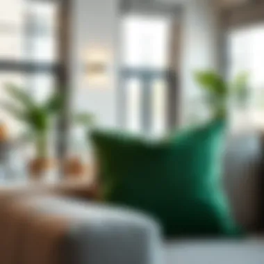 Elegant green velvet pillow on a contemporary sofa