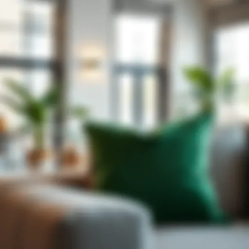 Elegant green velvet pillow enhancing a modern living space Elegant green velvet pillow on a contemporary sofa