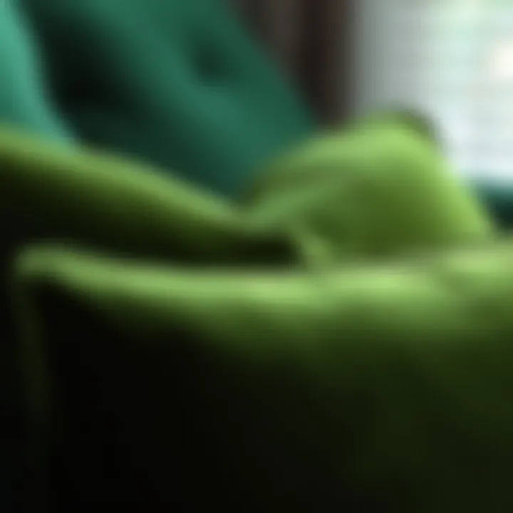 Close-up of luxury green velvet pillow showcasing texture