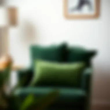 Stylish arrangement of green velvet pillows on an armchair