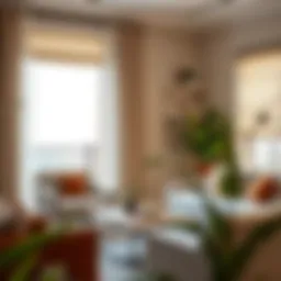 A beautifully styled room featuring roller shades and sheer curtains that enhance the decor