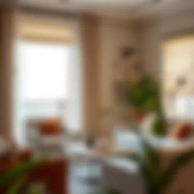 A beautifully styled room featuring roller shades and sheer curtains that enhance the decor