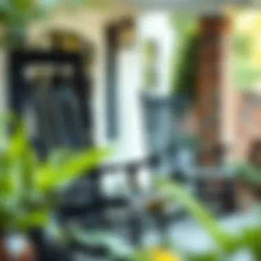 A cozy outdoor space featuring black rocking chairs