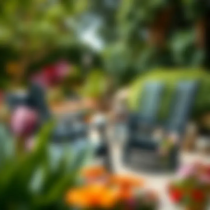 Black outdoor rocking chairs arranged in a garden setting