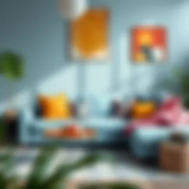 Stylish Arrangement with Light Blue L Shaped Sofa Light blue L shaped sofa with colorful cushions and decor