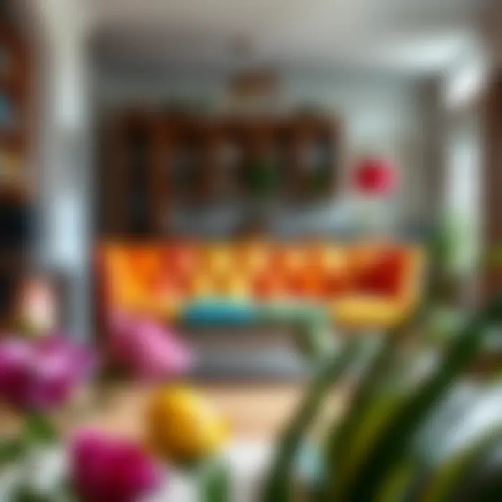 Vibrant Upholstered Long Counter Height Bench in a Cozy Home Stylish long counter height bench with colorful upholstery in a home