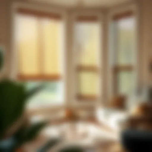 Elegant Faux Wood Blinds in a Sunlit Living Room Elegant faux wood blinds in a sunlit living room