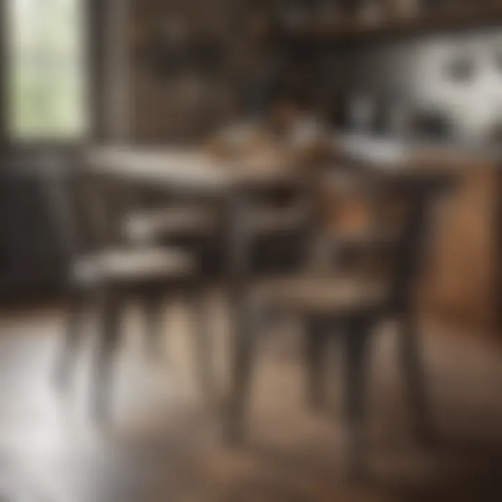 Trendy metal chairs arranged around a rustic kitchen table.