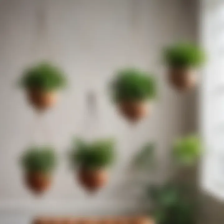 Elegant arrangement of miniature hanging planters with a variety of plants