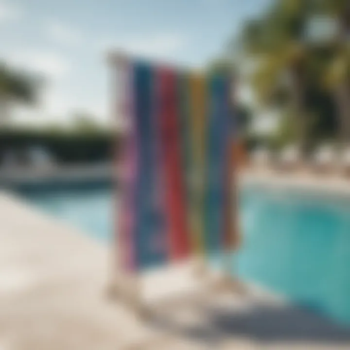 Poolside towel rack adorned with colorful beach towels