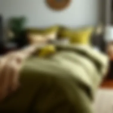 Stylish Arrangement of Olive Green Comforter Stylishly arranged olive green comforter with decorative pillows