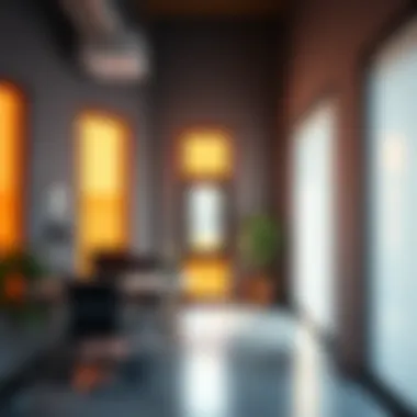 A contemporary workspace illuminated by natural light through orange window panels