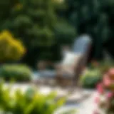 Elegant outdoor patio rocking chair set against a serene garden backdrop