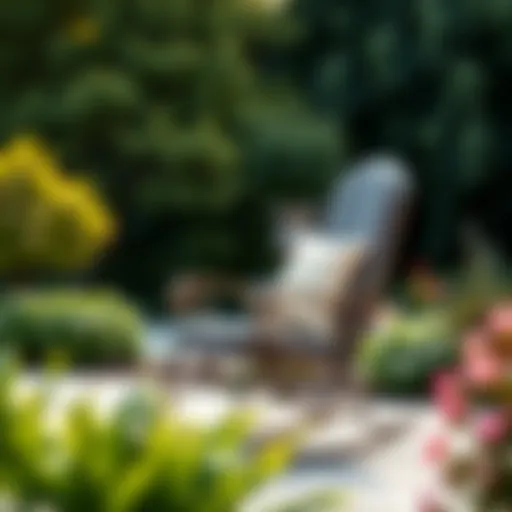 Elegant outdoor patio rocking chair set against a serene garden backdrop