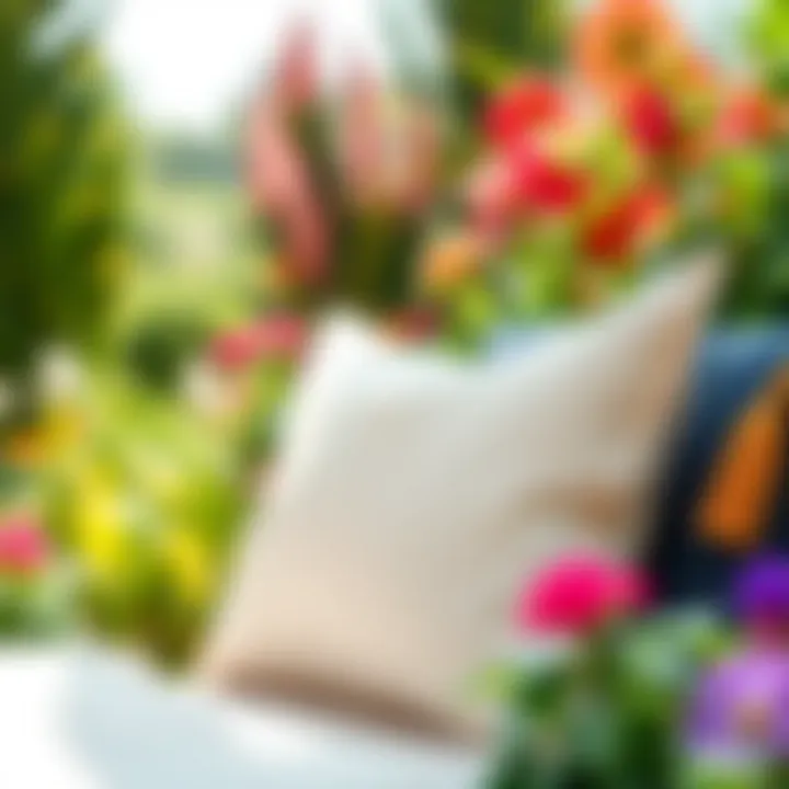 Elegant Outdoor Pillow Cover in a Garden Elegant outdoor pillow cover in a vibrant garden setting