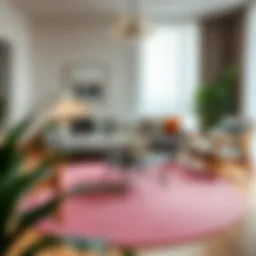 Elegant round pink jute rug in a modern living room setting