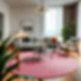 Modern Living Room with Round Pink Jute Rug Elegant round pink jute rug in a modern living room setting