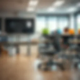 Contemporary student desk chair with wheels in a modern classroom setting