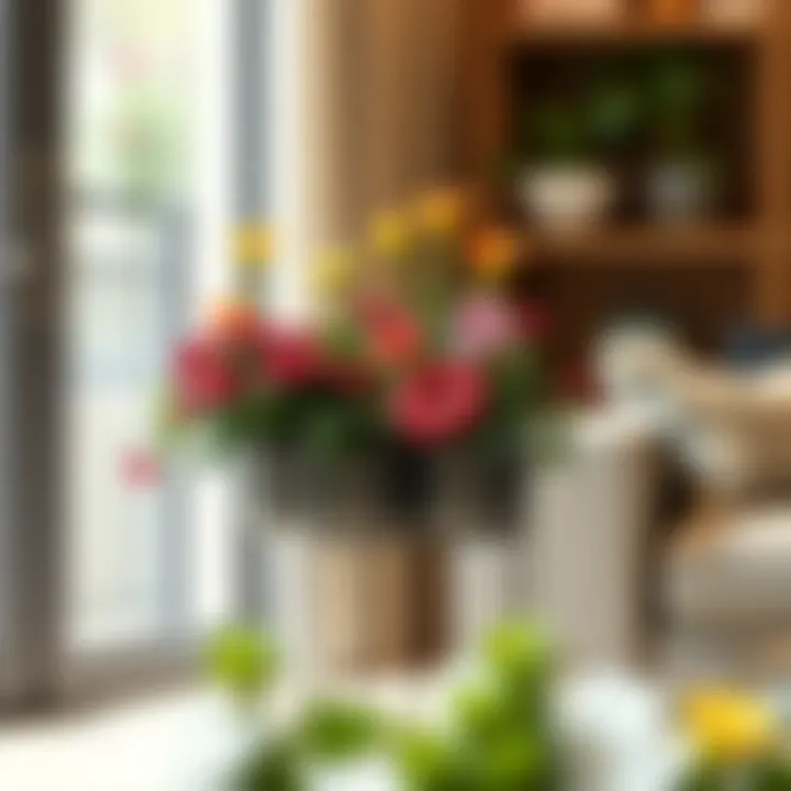 Metal Planter Stand with Flowers Modern metal tabletop planter stand featuring vibrant floral displays