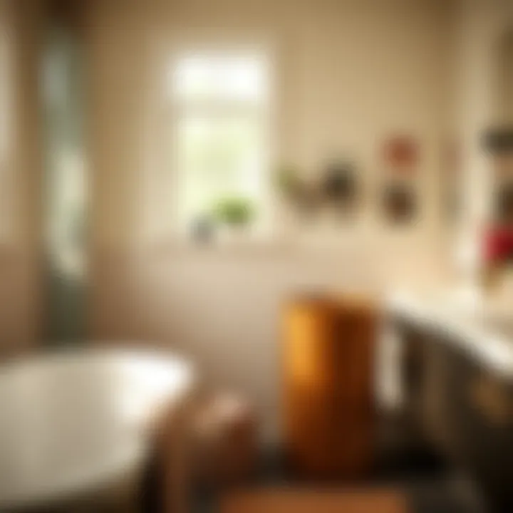 Chic Design: Tall Waste Basket in Bathroom Artistic tall waste basket featured in a chic bathroom