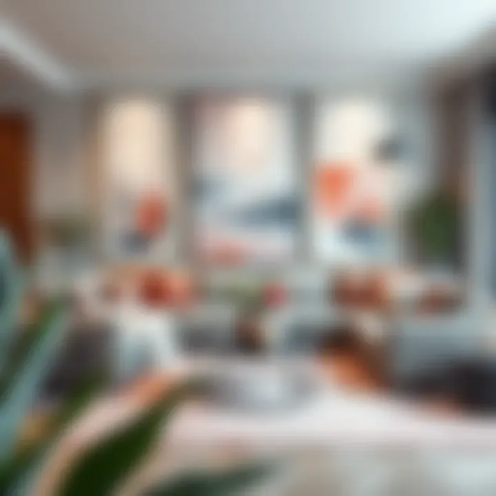 A contemporary living room adorned with pink and grey artwork as focal points