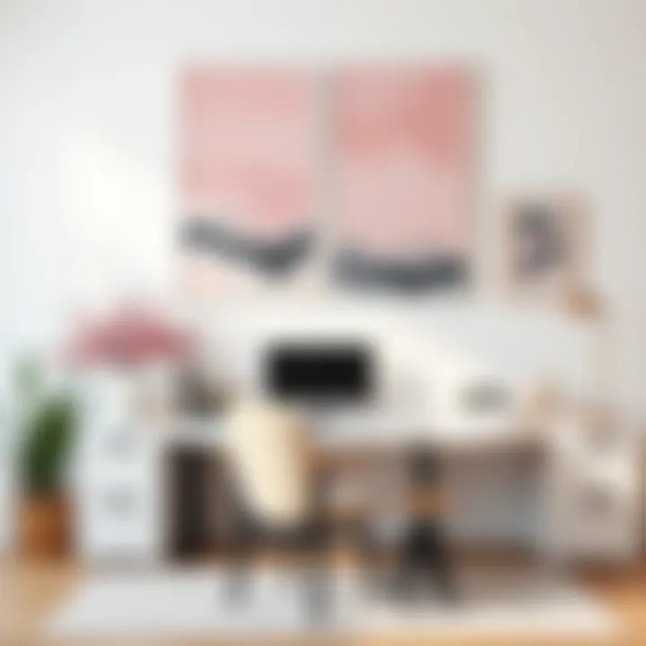 A serene workspace featuring pink and grey artwork that inspires creativity
