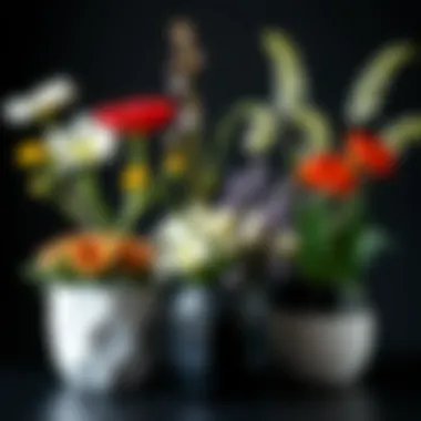Creative Floral Arrangement in Black and White Planters Creative arrangement of flowers in black and white planters for interior styling.