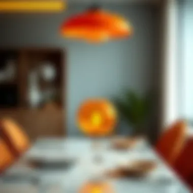 Stylish Dining Table with Orange Glass Lamp An orange glass lamp placed on a stylish dining table.