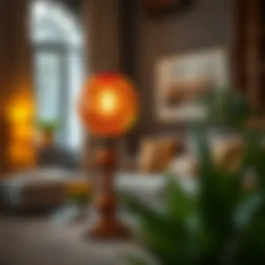 Cozy Living Room with Orange Glass Lamp Elegant orange glass lamp illuminating a cozy living room.