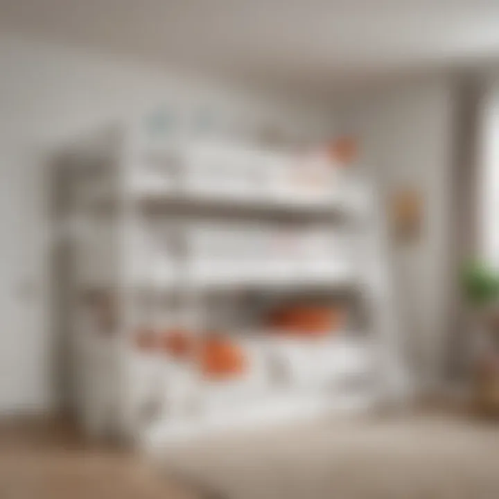 Children's room featuring a white wooden bunk bed with ample storage