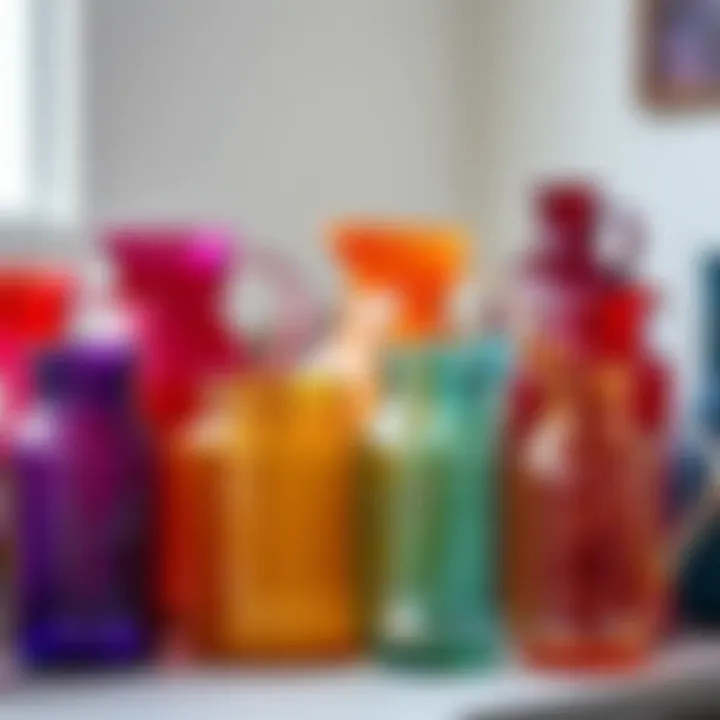 Collection of colorful ball jar pitchers for decoration