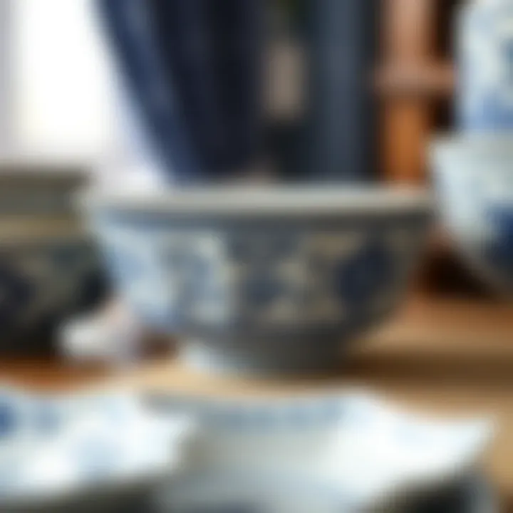 A close-up view of a vintage blue willow bowl showcasing intricate designs