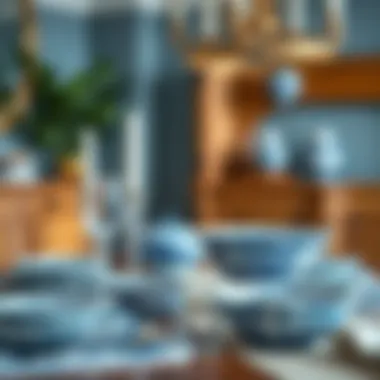 A beautifully decorated dining table featuring blue willow bowls