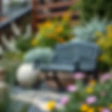 Black Bench in Harmonious Landscaping Black garden bench surrounded by diverse landscaping elements
