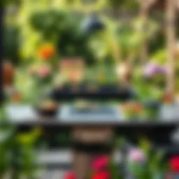 Elegant outdoor griddle table set up in a garden with fresh ingredients