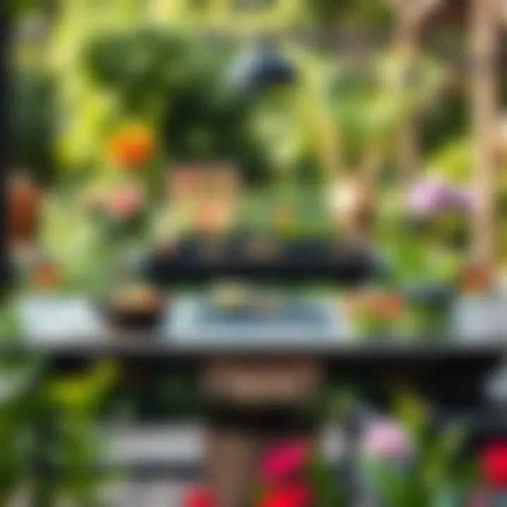 Elegant outdoor griddle table set up in a garden with fresh ingredients