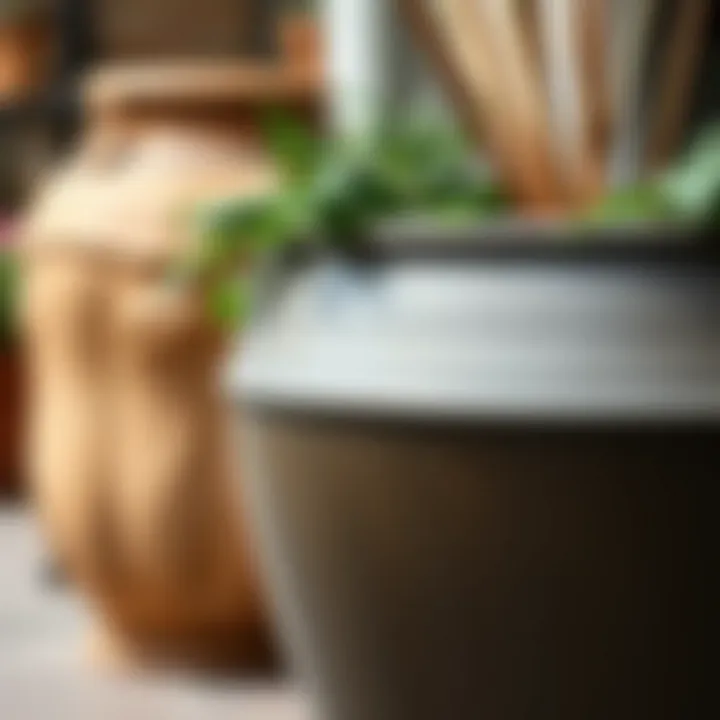 Close-up of a large metal garden pot showcasing unique design features