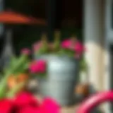 Elegant large metal garden pot with vibrant flowers