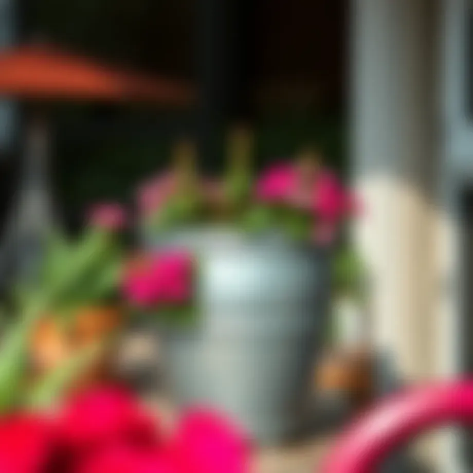 Elegant large metal garden pot with vibrant flowers