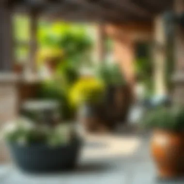 Stylish patio featuring large metal pots enhancing outdoor decor