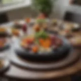 A stylish 20 inch lazy Susan turntable elegantly displayed on a dining table with fresh produce and condiments.