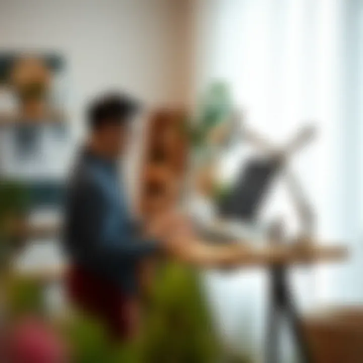 An artist engaged in creative work at a stand-up desk