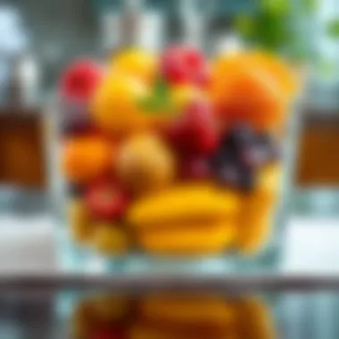 Vibrant Fruits in Glass Storage Elegant square glass food storage container displaying a vibrant array of fruits