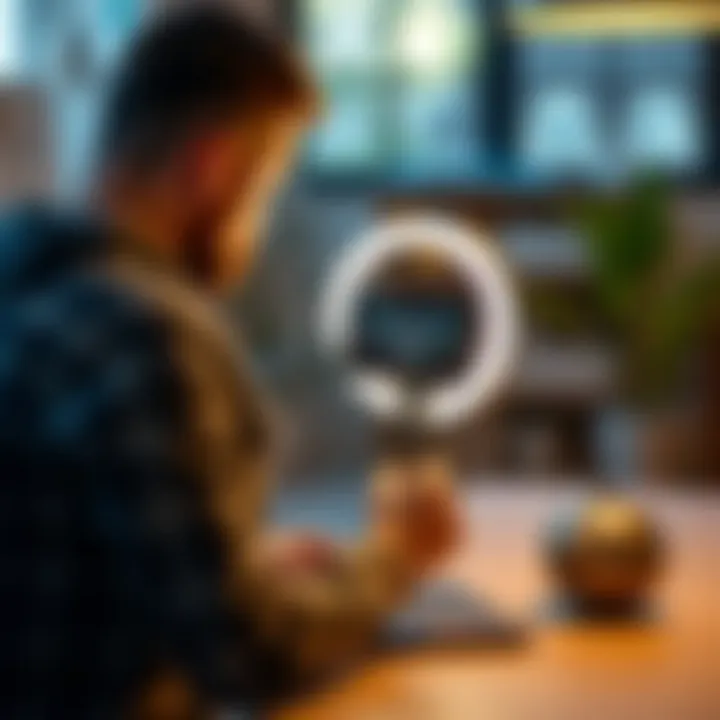 Content Creation with Ring Light and iPad Holder A content creator using a ring light with an iPad holder for video production