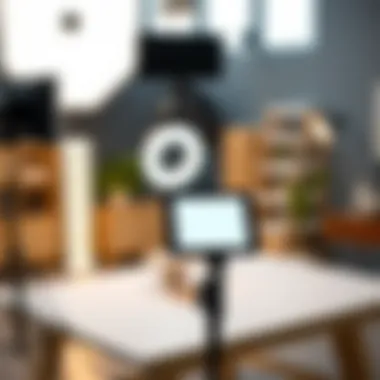 Ring Light and iPad Holder in a Professional Studio A stylish ring light with an iPad holder in a well-lit studio setup