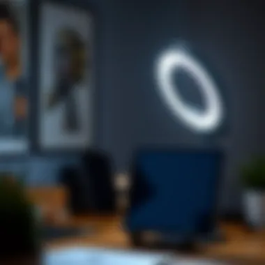 Illuminated Workspace with Ring Light and iPad Close-up of a ring light illuminating a workspace with an attached iPad