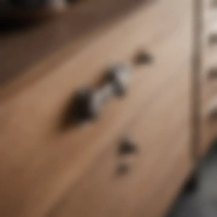 Close-up of unique drawer handles on a compact dresser