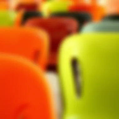 A close-up view showcasing the texture and design of various plastic chairs