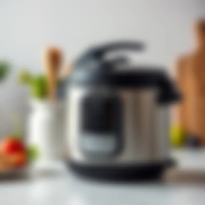 Compact pressure cooker showcasing its sleek design and features