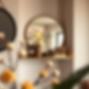 Corner mirror shelf styled with decorative items